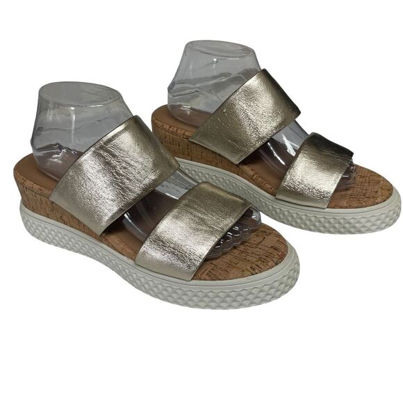 AEROSOLES Shoes - Aerosoles Zeff Womens Gold Strappy Chunky Slides Leather Wedge Cork Size 10M